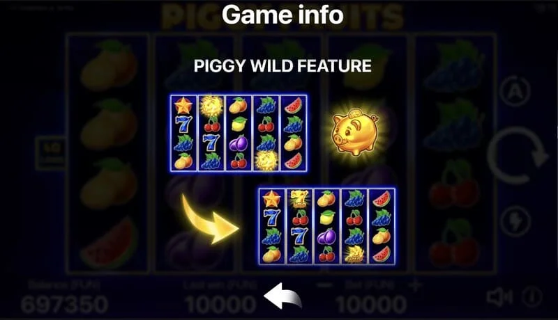 Piggy Fruits - écran de jeu avec une grille 5x4 et des symboles de fruits